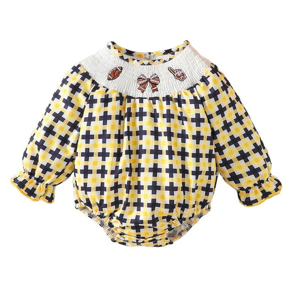 Baby Girl Romper Long Sleeve Cartoon Rugby Football Embroider Pullover Romper Bodysuits Newborn Onesies Yellow 6 Months-12 Months