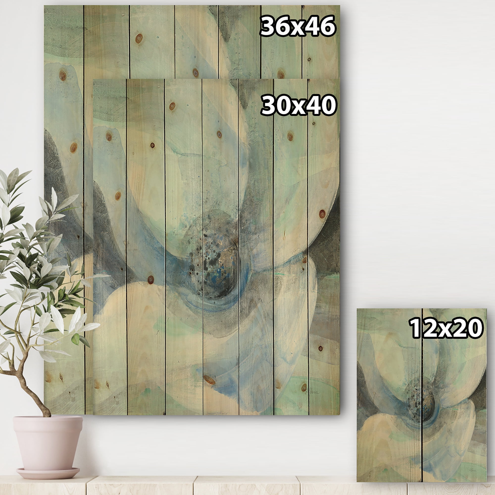 Designart 'Moonlight Watercolor Magnolia II' Farmhouse Print on Natural Pine Wood