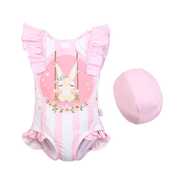 Toimothcn Girls Swimsuits Ruffled Sleeve Cute Cartoon Rabbit Printed 2 Peice Bikini Set Quickly Dry Cover Up Swimwear 6-7 Years