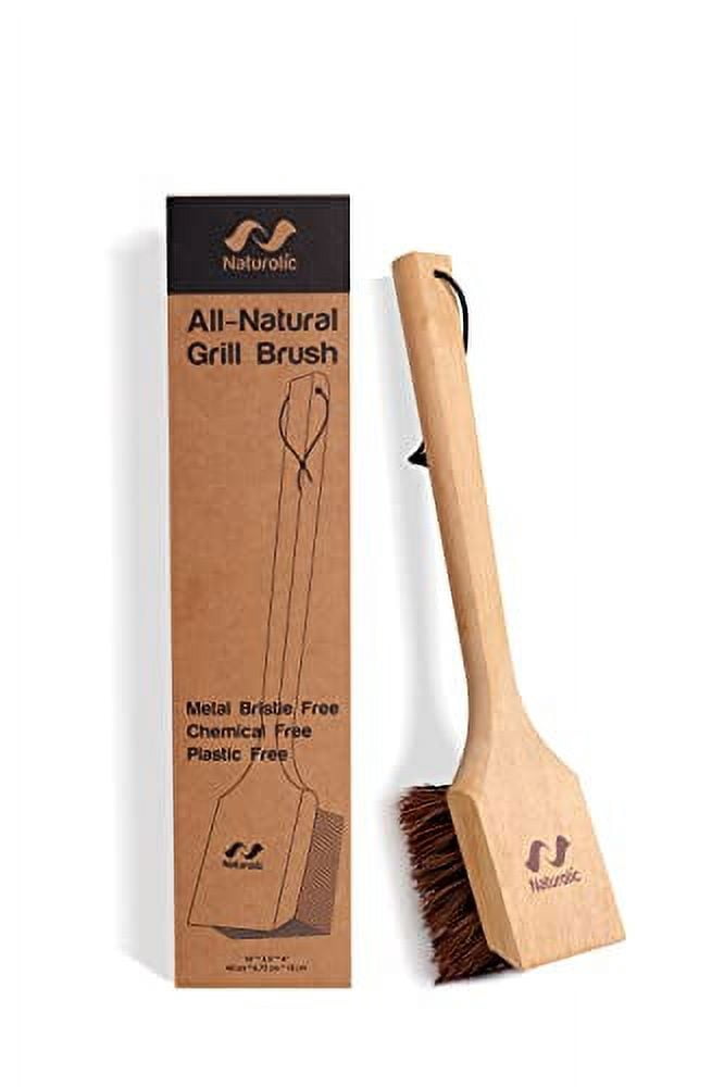 All-Natural Wooden Grill Cleaning Brush and Scraper | Solid Wooden Handle | Non Scratch Palmyra bristles | Metal Bristle Free | Plastic Free | Safe BBQ Grill Scrubber for Outdoor G