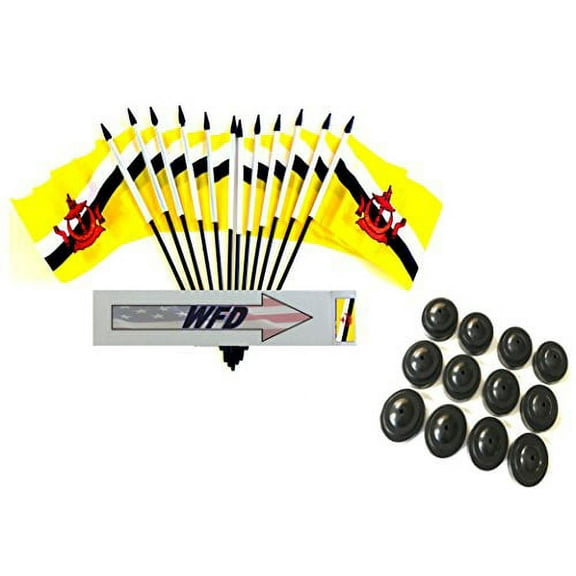 Pack of 12 4"x6" Brunei Polyester Miniature Office Desk & Little Table Flags, 1 Dozen 4"x 6" Brunei Small Mini Handheld Waving Stick Flags with 12 Flag Bases (Flags with Stands)