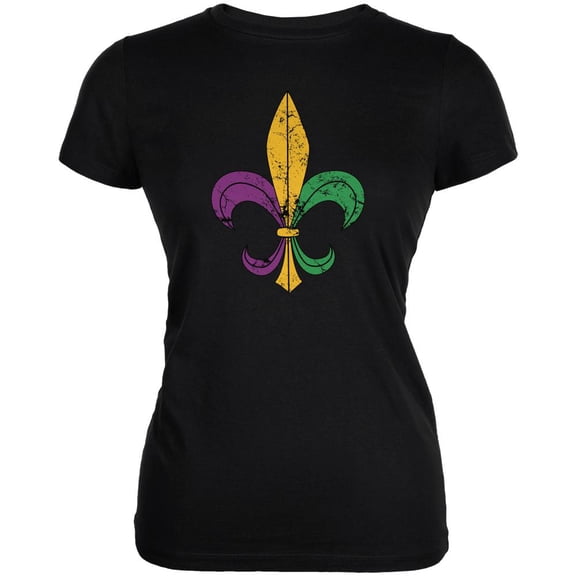 Mardi Gras Fleur De Lis Distressed Black Juniors Soft T-Shirt - X-Large