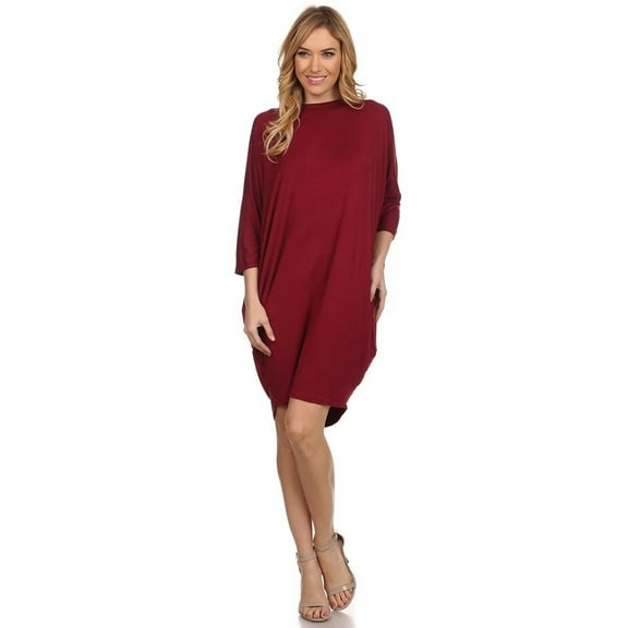 Moa Collection Women's Casual Solid Loose Fit Long Sleeve Dolman Style Midi Dress