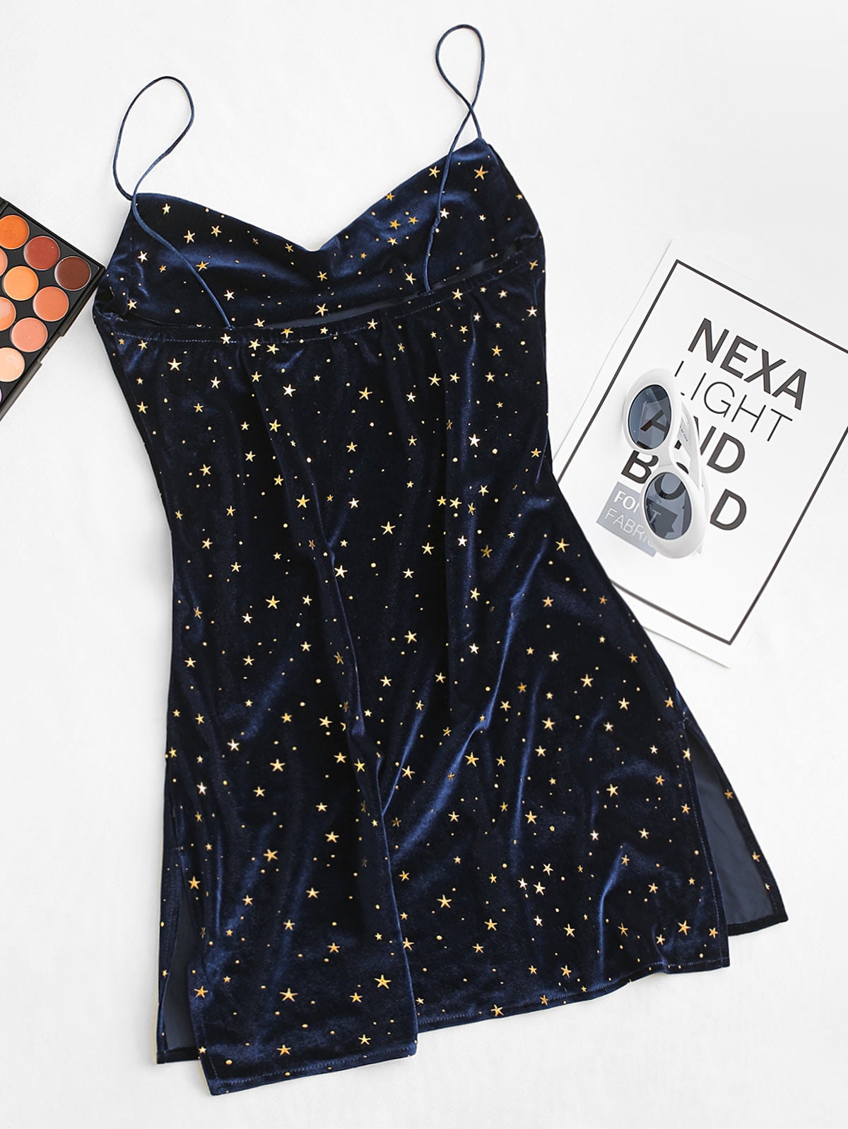 stars side slit cowl front velvet dress ZAFUL Prom Dress for Women's Trendy Side Slit Stars Velvet Cami Short Dress  Deep Blue S