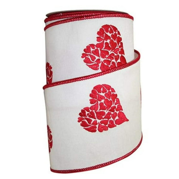 Reliant Ribbon - 92860W-036-10F, Hearts Embroidered Wired Edge Ribbon, White/red, 4 Inch, 10 Yards