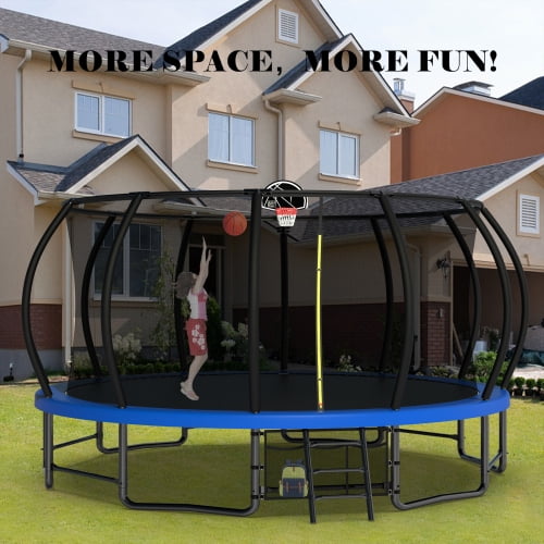 Leumius Trampolining Outdoor Trampoline, 16 ft Round Frame, 12 Curved Poles, Ladder & Basketball Hoop, 1323 lb Total Capacity, 330 lb Single User