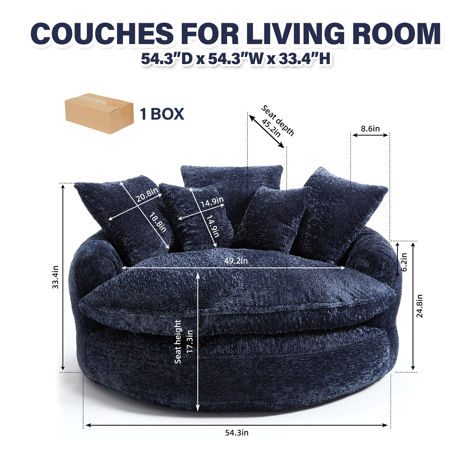 Aukfa 55" Oversized Round Chaise Lounge Chair, Fluffy Deep Seat Cloud Floor Sofa, Modern No Assembly Couch, Dark Blue