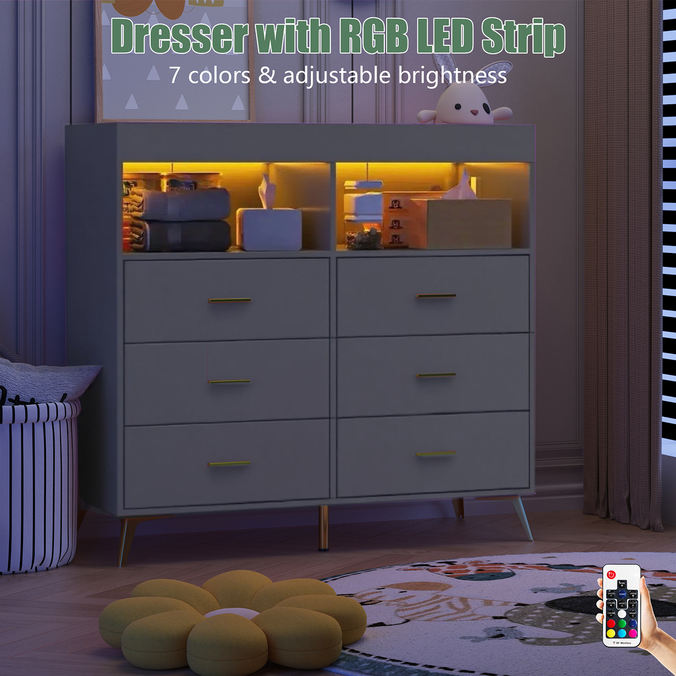 6 Drawer Dresser with LED Lights and Charging Station, Baby Changing Table with Storage, 43 Inches for Nursery Bedroom