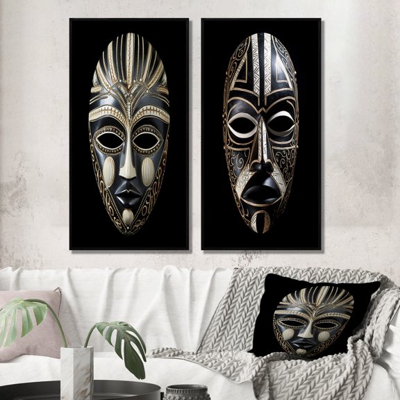 Designart "Tribal Ethnical Traditional African Mask XI" African Tribal Framed Wall Art Set Of 2 - Black People Gallery Wall Frame Set For Home Decor