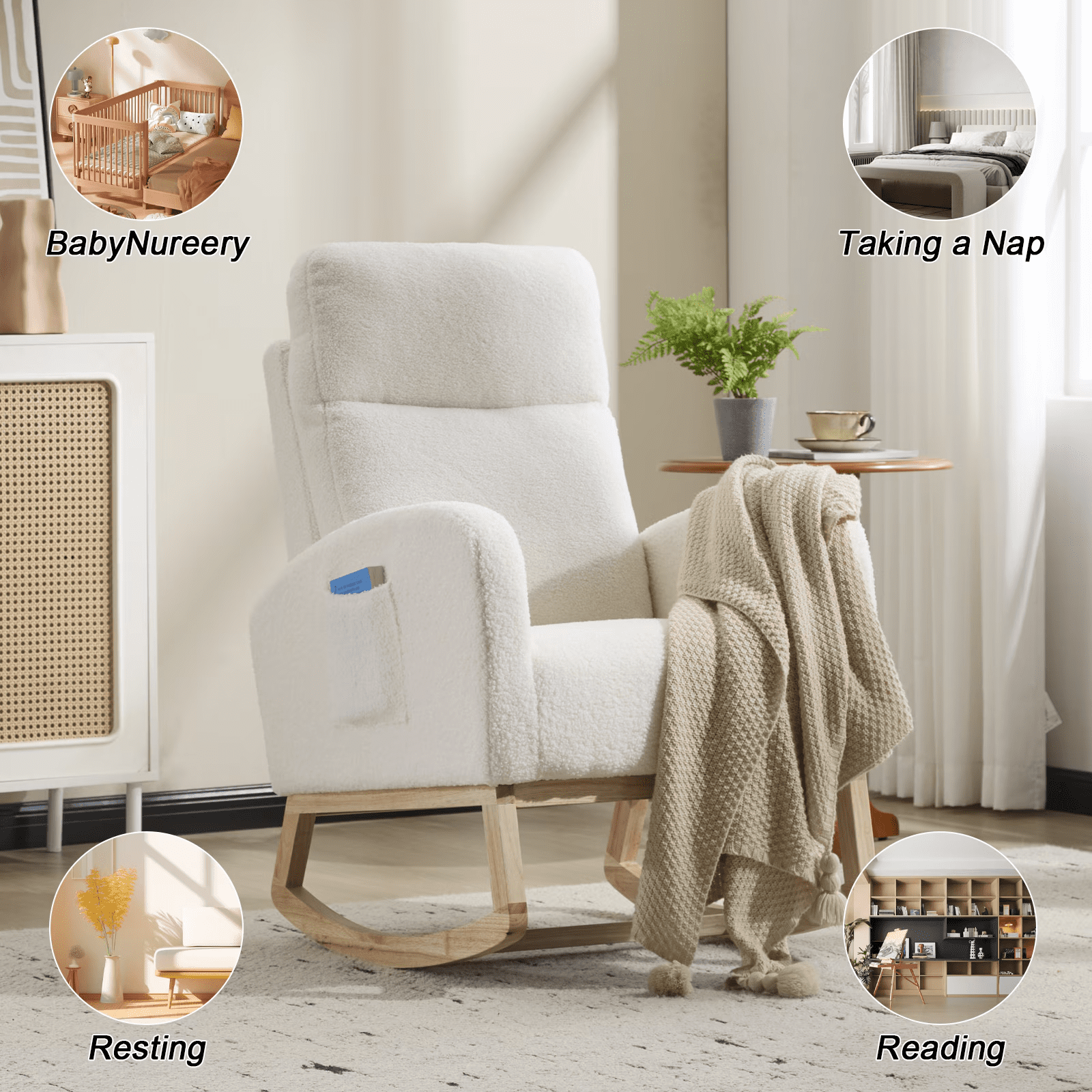 Modern Bouclé Rocking Chair for Nursery, Upholstered Glider Accent Chair with Wooden Base, High Back Support, Comfy Padded Seat, 300 lbs Capacity – Cream White