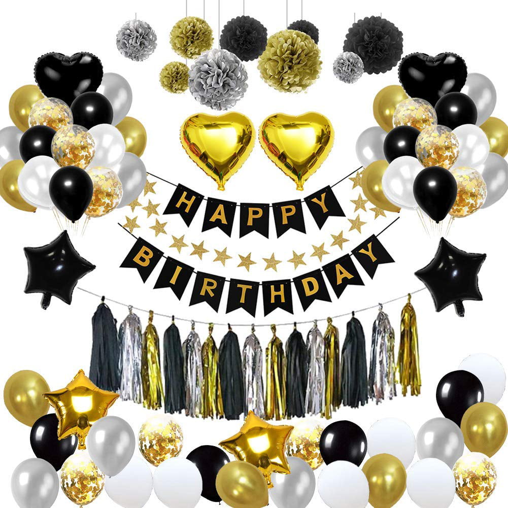 Home Decorations Gold White and Black Balloons Sets Paper Pom Poms with Gold Foil Curtain for Graduations Party Supplies New Years Eve Party Supplies 2020 Decorations Kit New Years Eve Decorations