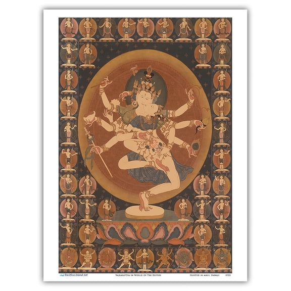 Vajrasattva In The World Of The Deities - - Vintage Tibetan Thangka Buddhist Painting - Master Art Print (Unframed) 9in x 12in