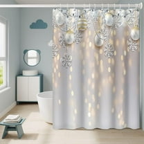 Christmas Shower Curtain with Hooks Silver Xmas Balls Snowflakes Gold Bokeh Spots Winter Holiday New Year Themed Shower Curtain for Bathroom Decorative Waterproof, 72x72 Inch