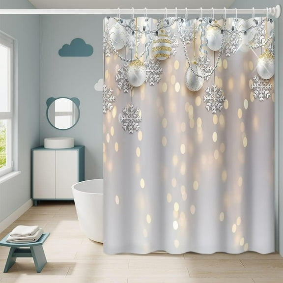 Christmas Shower Curtain with Hooks Silver Xmas Balls Snowflakes Gold Bokeh Spots Winter Holiday New Year Themed Shower Curtain for Bathroom Decorative Waterproof, 72x72 Inch