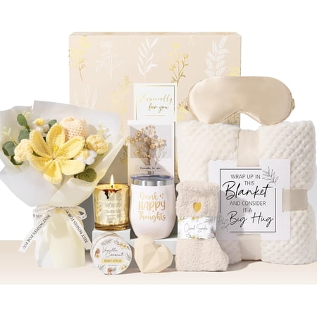 Mothers Day Birthday Gifts for Women Self Care Package Get Well Soon Gift Baskets Thinking of You Sympathy Spa Gift Set w/ Crochet Flower Bouquet Unique Gifts for Women Mom Sister Grandma Friends