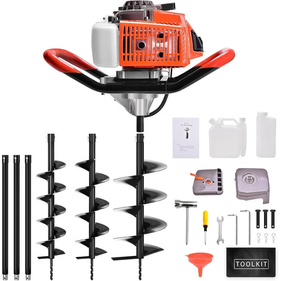 EAYSG Post Hole Digger,72CC 2-Stroke Gas Powered Post Hole Digger, Earth Auger with 3 Auger Drill Bits(4" & 6" & 8")   3 Extension Rods for Garden Farm Planting Trees Fence Digging