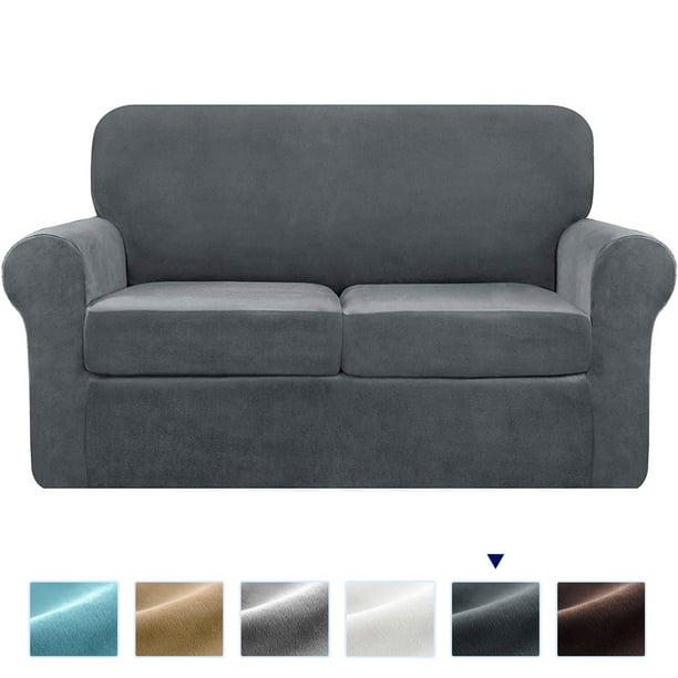 Subrtex 3 Piece Velvet High Stretch Sofa Cover Slipcover Separate Cushion Covers Gray Loveseat Com Stretch Sofa Cover Slipcover, Gray Sofa Cushion Covers