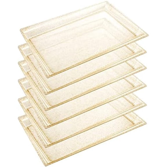 6 Pack Gold Glitter Plastic Serving Tray, 15" x 10" Crooked Food Trays, Clear Disposable Serving Platter for Parties, Weddings