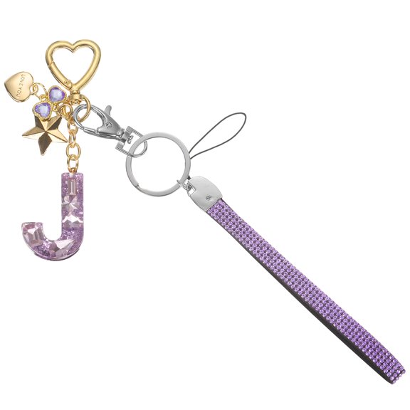 Uxcell Cute Initial Letter Keychain - Bling Love Heart Star Keychains Women Key Chain with Wristlet for Bag Backpack Purse Car Keys Cup Accessories, Purple (Letter-J)