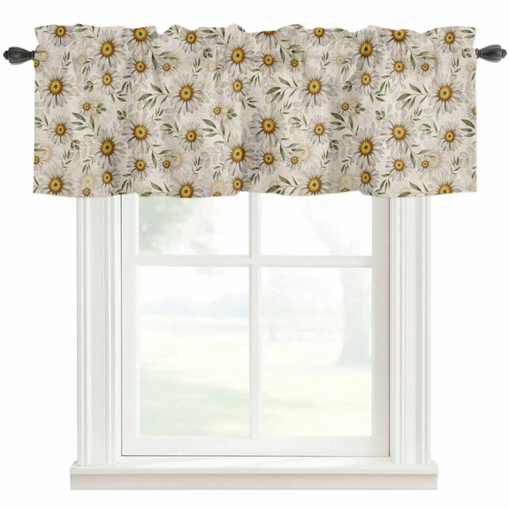 Daisy Flower Window Valance Curtain Green Leaves Linen Rod Pocket Valance for Windows Short Curtain for Living Room, Bedroom & Kitchen Window Decor 42x12in