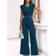 thumbnail image 2 of Women'S Summer 2 Piece 2025 Cap Sleeve V Neck Belted Crop Tops Wide Leg Pants Sets Casual Tracksuit Dark Green XL, 2 of 7
