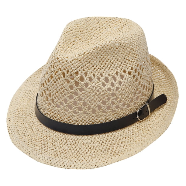 Sombrero de paja de jazz con hebilla de cuero para hombres y mujeres, con circunferencia de 56-58 cm, sombrero para el sol, protector solar, sombrero de playa, sombrero para el sol