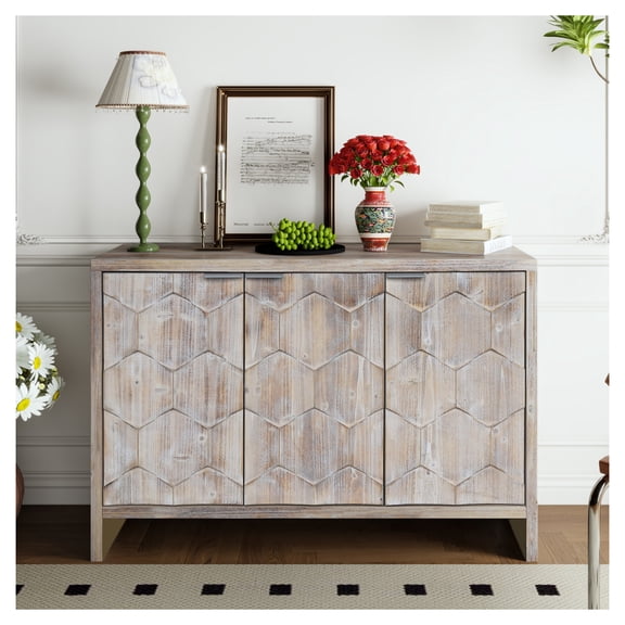 Accent Cabinet Farmhouse 3-Door Wooden Sideboard Buffet Storage Cabinet for Living Room, Entryway, Kitchen, Dining, Natural Wood   Adjustable Shelves   MDF