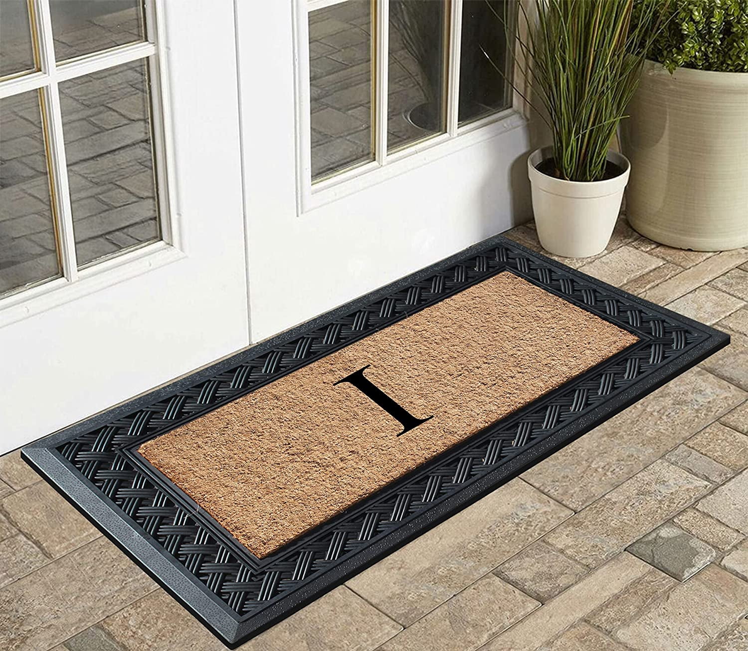 A1 Home Collections Paisley Rubber and Coir Outdoor Doormat, Non-Slip Backing, Black/Beige 23 x 38