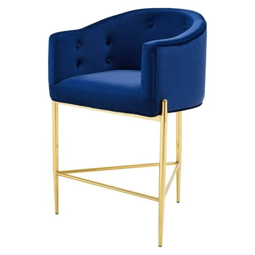 Tufted Counter Stool Chair, Velvet, Metal Steel, Blue Navy, Modern Contemporary Urban Design, Bar Pub Cafe Bistro Hotel Restaurant Hospitality