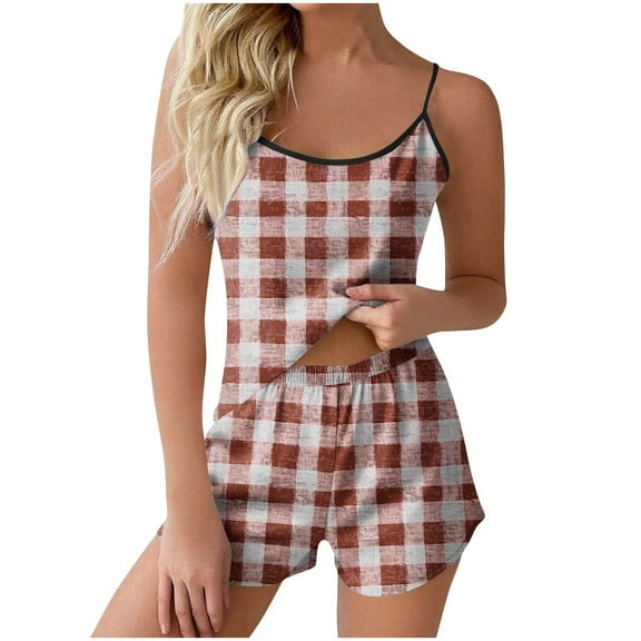 Women Pajama Set Sleeveless Cami Top and Shorts Soft Cotton Sleepwear Plaid Lounge Set Summer Nightwear Pjs
