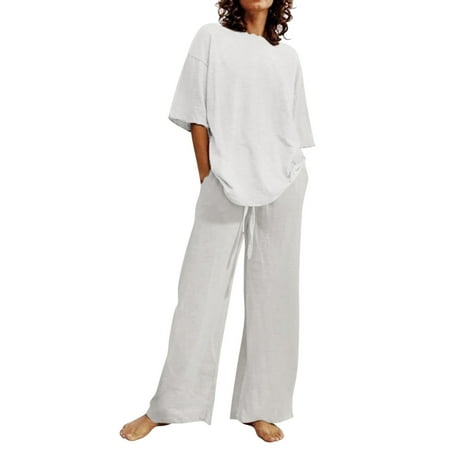 knqrhpse Lounge Sets for Women Workout Sets Shorts For Women Two Piece Set Set O Neck Short Sleeve Top Pant Set Fashion Loose Top Pant Set Two Piece Sets for Women Sweat Suit 2 Piece Set White M