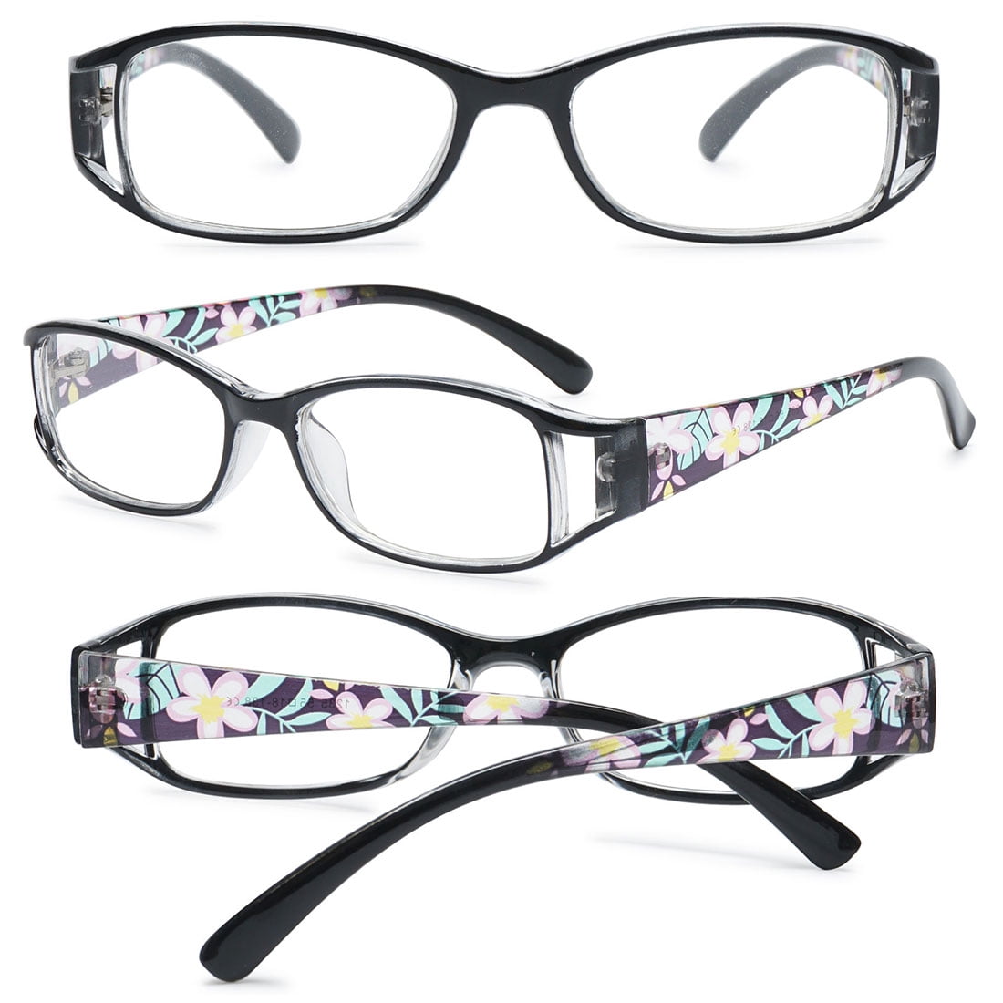 KOOSUFA Womens Floral Color Reading Glasses 1.50 Quality Rectangle Readers Eyeglasses Eyewear Black