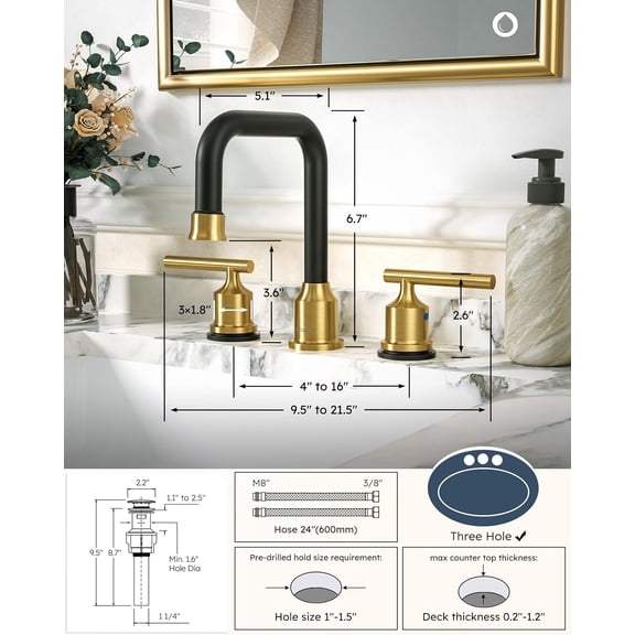 Widespread Bathroom Faucet 3 Hole Bathroom Sink Faucet 2 Handle Vanity Faucet 8 Inch with Pop-Up Drain Black and Gold