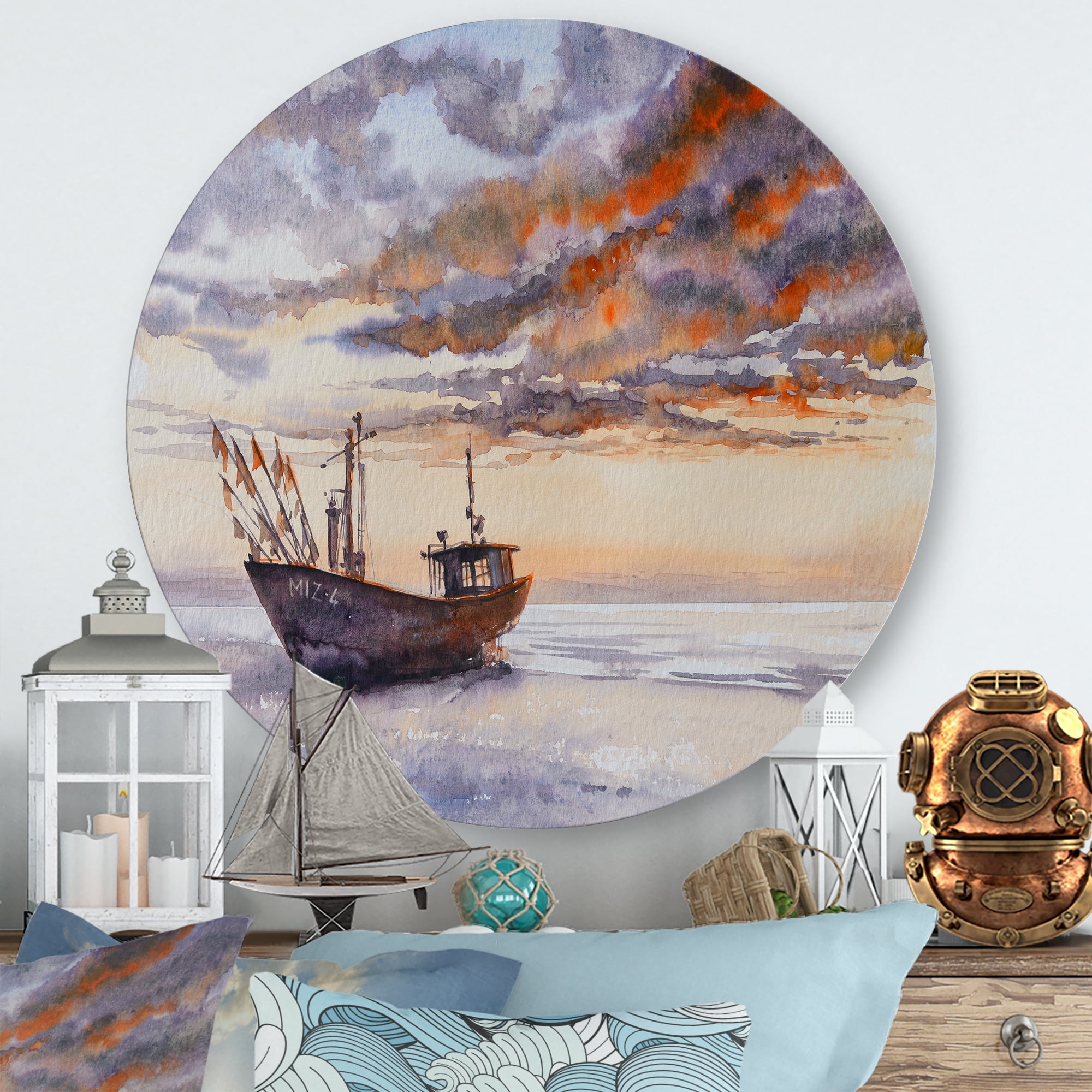 Designart 'Wooden Fishing Boat On The Baltic Shore With Evening Clouds' Nautical & Coastal Circle Metal Wall Art 23x23 - Disc of 23