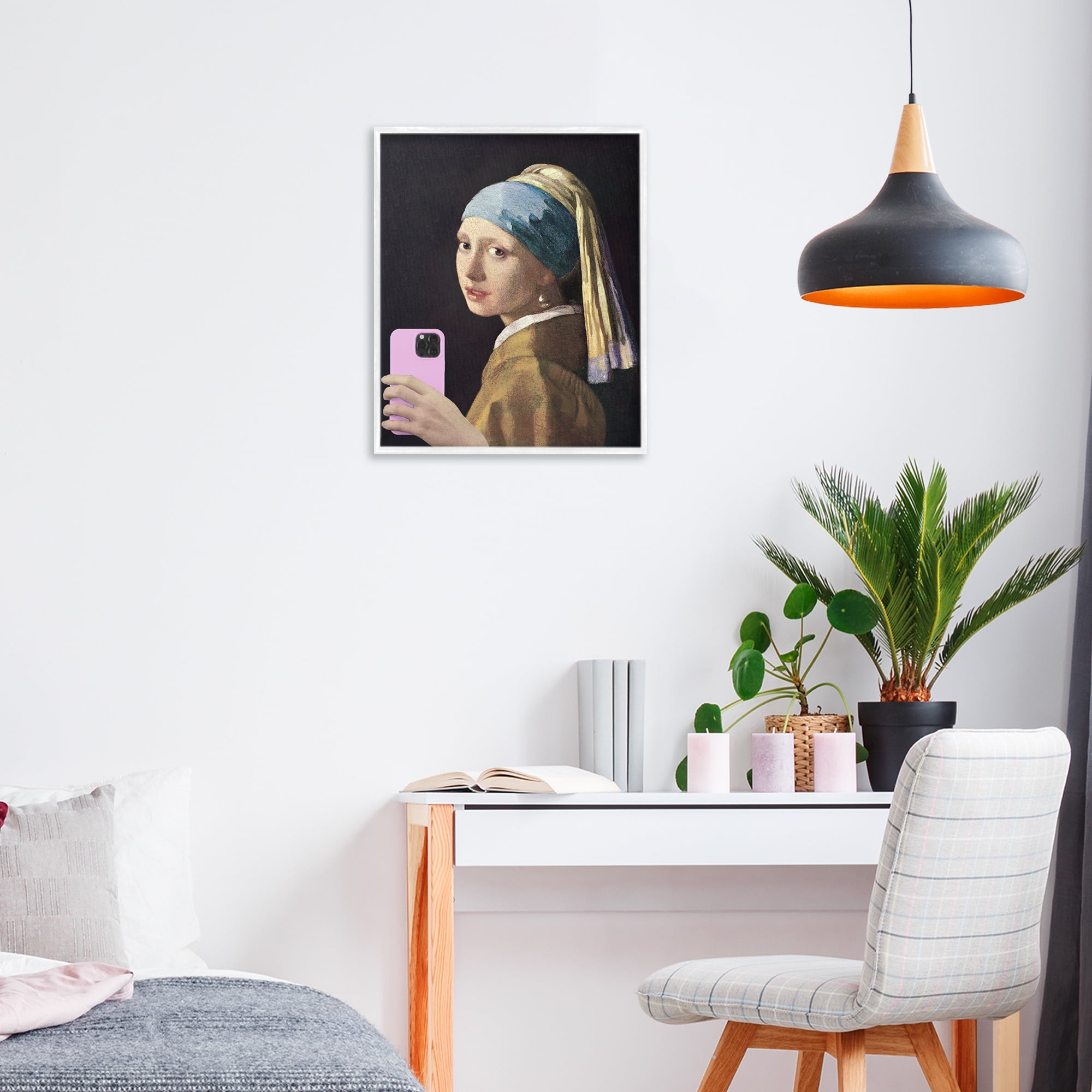 Girl With Pink Phone Funny White Framed Giclee Art, design by Masters Redux
