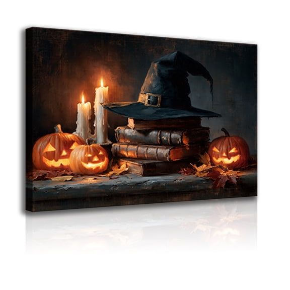 Vintage Halloween witch hats, pumpkins, candles, and spellbook canvas wall art frames; Halloween paintings; dark preppy style; gothic posters; eerie seasonal decorative paintings.