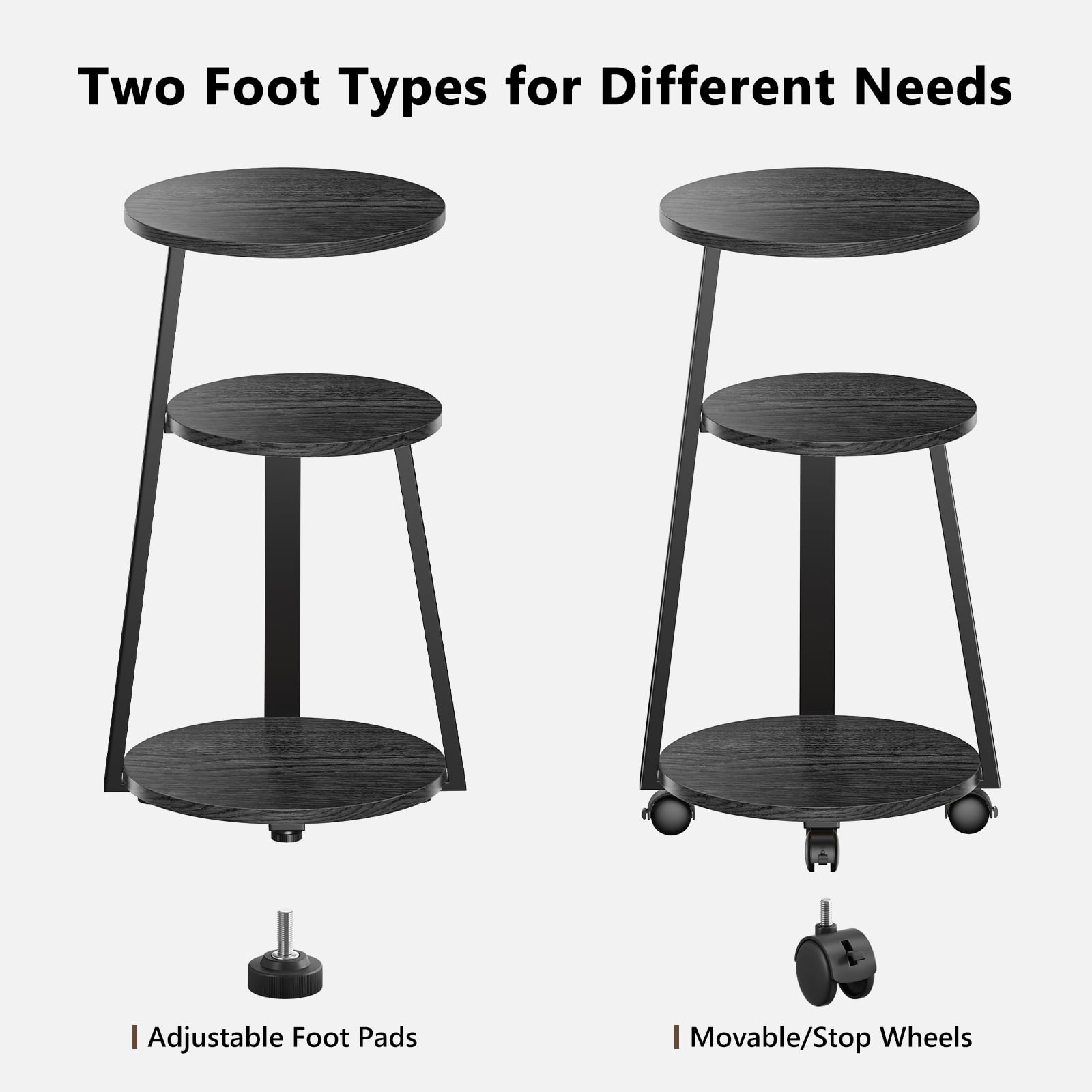 Biemlerfn End Side Table, Round Sofa Table with Metal Frame, 3-Tier Coffee Table Nightstand for Home, Black&Grey