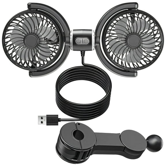 Car Fans for Backseat for Little Ones, Dual Head USB Powered Fans, Adjustable 3-Speed, 360° Rotatable, Quiet Operation, Universal for Cars, Car Autos, Trucks, Easy Installation, Black