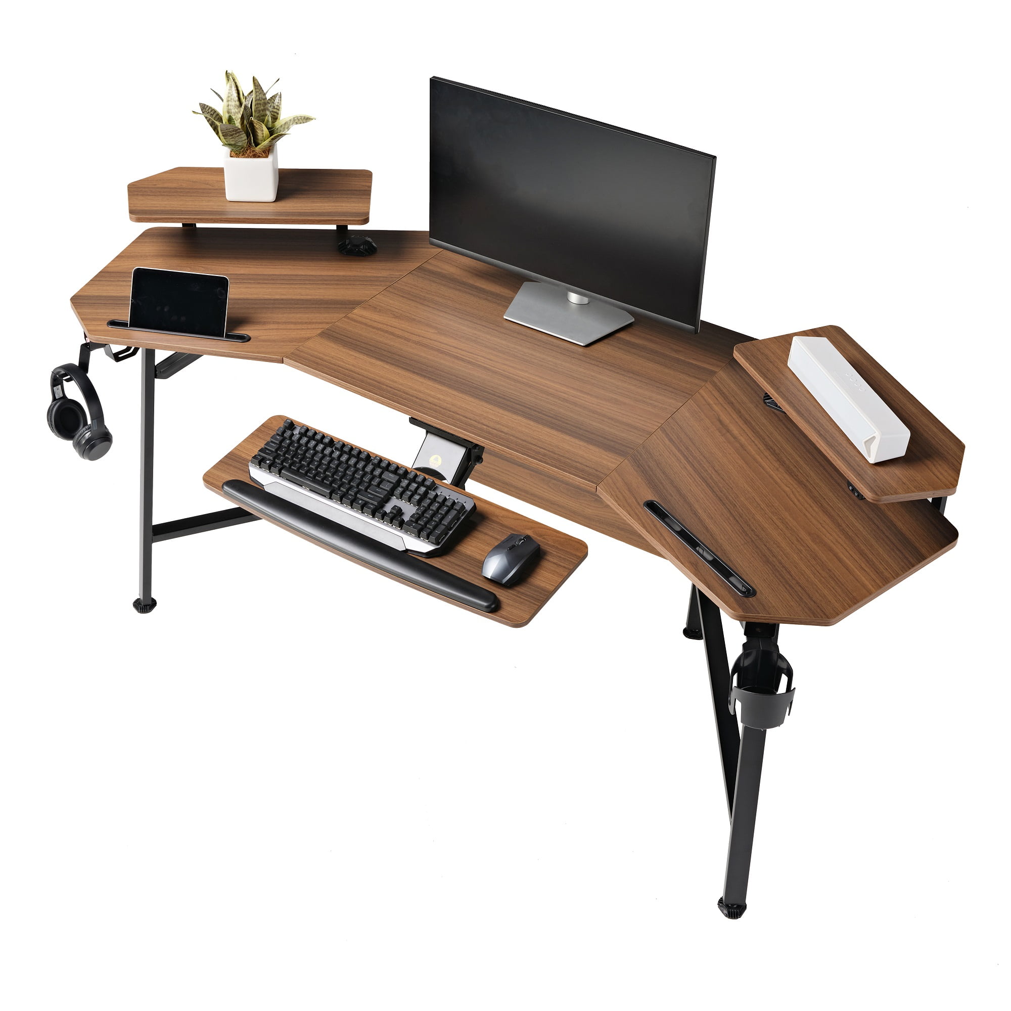 EUREKA ERGONOMIC Gaming Desk with Led Lights, 72 Large Wing-Shaped Studio  Desk W Keyboard Tray Monitor Stand Dual Headphone Hanger Cup Holder for