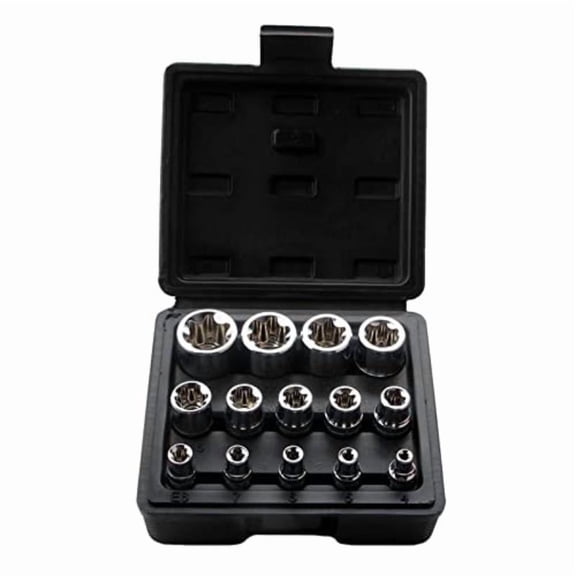 Female E Torx Socket Set with Case, 1/4, 3/8, 1/2 in. Drive E4-E24 External Torque Star Socket Kit, 14Pcs