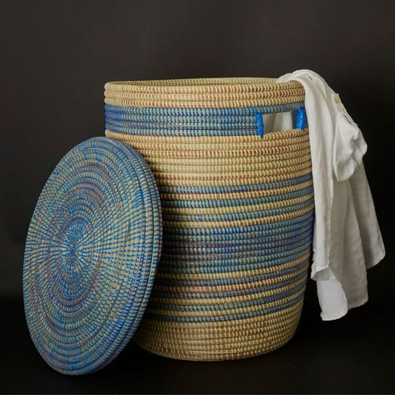 Decorative Wicker Basket with Lid  Handles, Clothes Hamper, Nursery Basket, Toy Storage, African Woven, Flat Lid, Blue Beige Stripes, Small Size