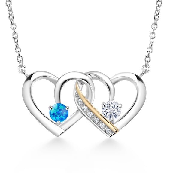 925 Silver and 10K Yellow Gold Blue Simulated Opal and White Moissanite and White Lab Grown Diamond Interlocking Heart Pendant Necklace for Women (0.51 Cttw, October Birthstone, with 18 inch Chain)