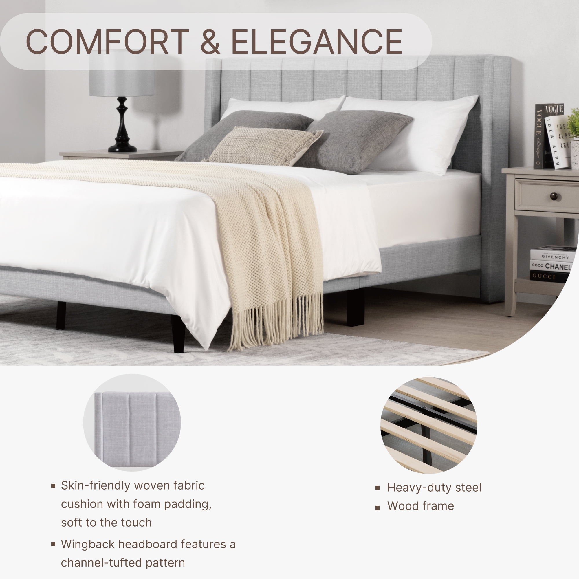 Spruce & Spring Upholstered Platform Bed Frame with Wingback Headboard Full