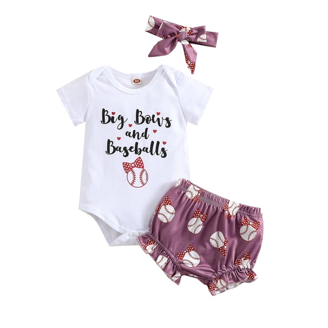 ZAXARRA 3 Pcs Tenues Décontractées pour Nouveau-Né, Body à Manches Courtes Col Rond Imprimé Lettre + Short Imprimé Baseball + Bandeau Nœud