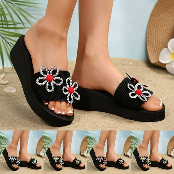 Summer Women's Slippers with Thick Sole Wedge Open Toe Slip-on Outdoor Shoes Women's Fashion Casual Versatile Beach Sandals with Rhinestone