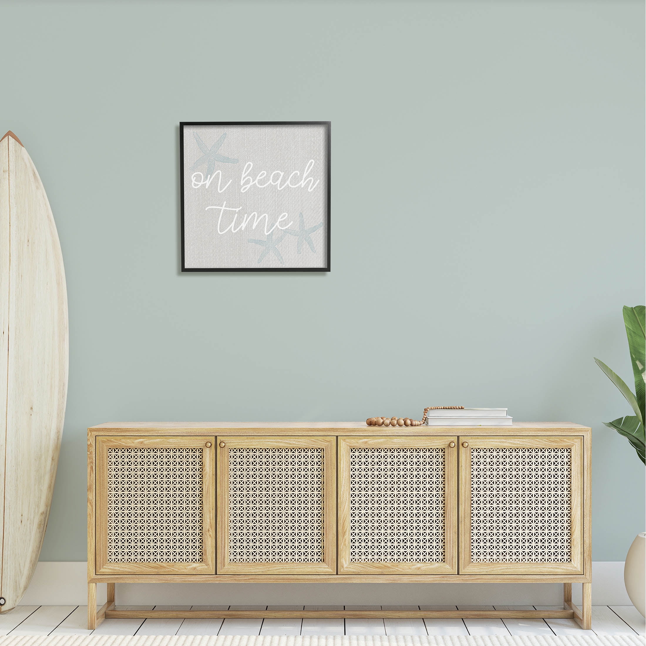 On Beach Time Starfish Phrase Coastal Graphic Art Black Framed Art Print Wall Art
