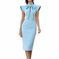 thumbnail image 2 of Karymi Solid Bow Tie Mock Neck Cap Sleeve Midi Bodycon Dress, Keyhole Front Slim Pencil Dress Elegant Office Business Party Dress Cocktail Dresses for Women, 2 of 5