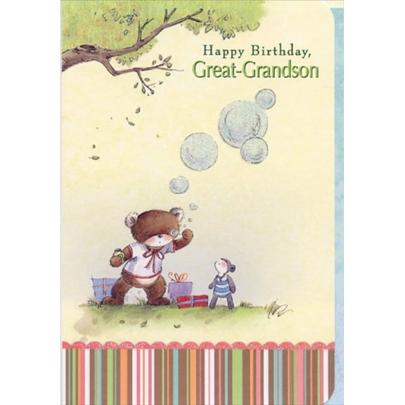 Designer Greetings Bear Blowing Bubbles Die Cut Juvenile Birthday Card for Young Great-Grandson
