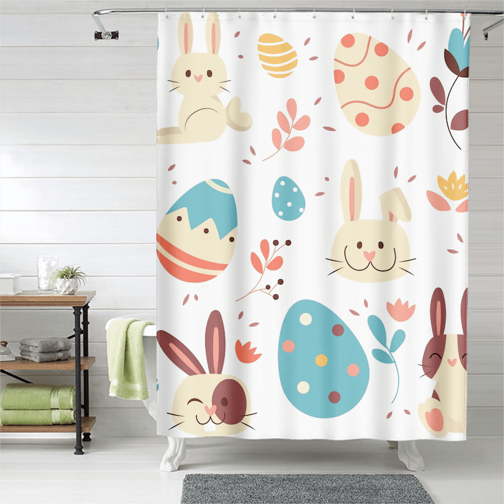 Spring Bunny Shower Curtain Set with Hooks Watercolor Flowers Bohemian
