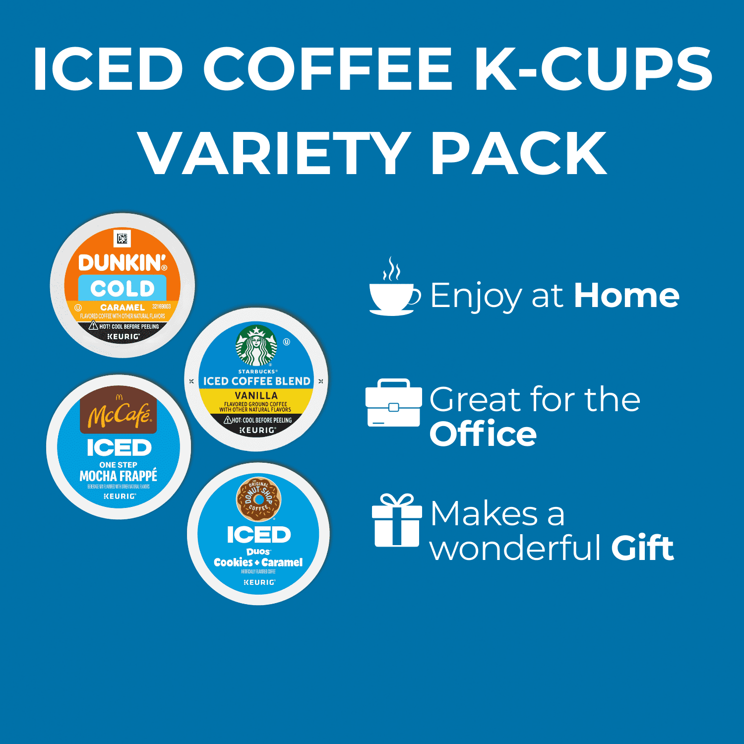 16pc-8 Flavor Cold Iced Coffee K Pods Variety Pack –Dunkin, Starbucks, Green Mountain, Mccafe, Donut Shop Ice Pods in Gift Box - Vanilla, Mocha, Hazelnut, Caramel- Keurig Compatible Coffee Pods